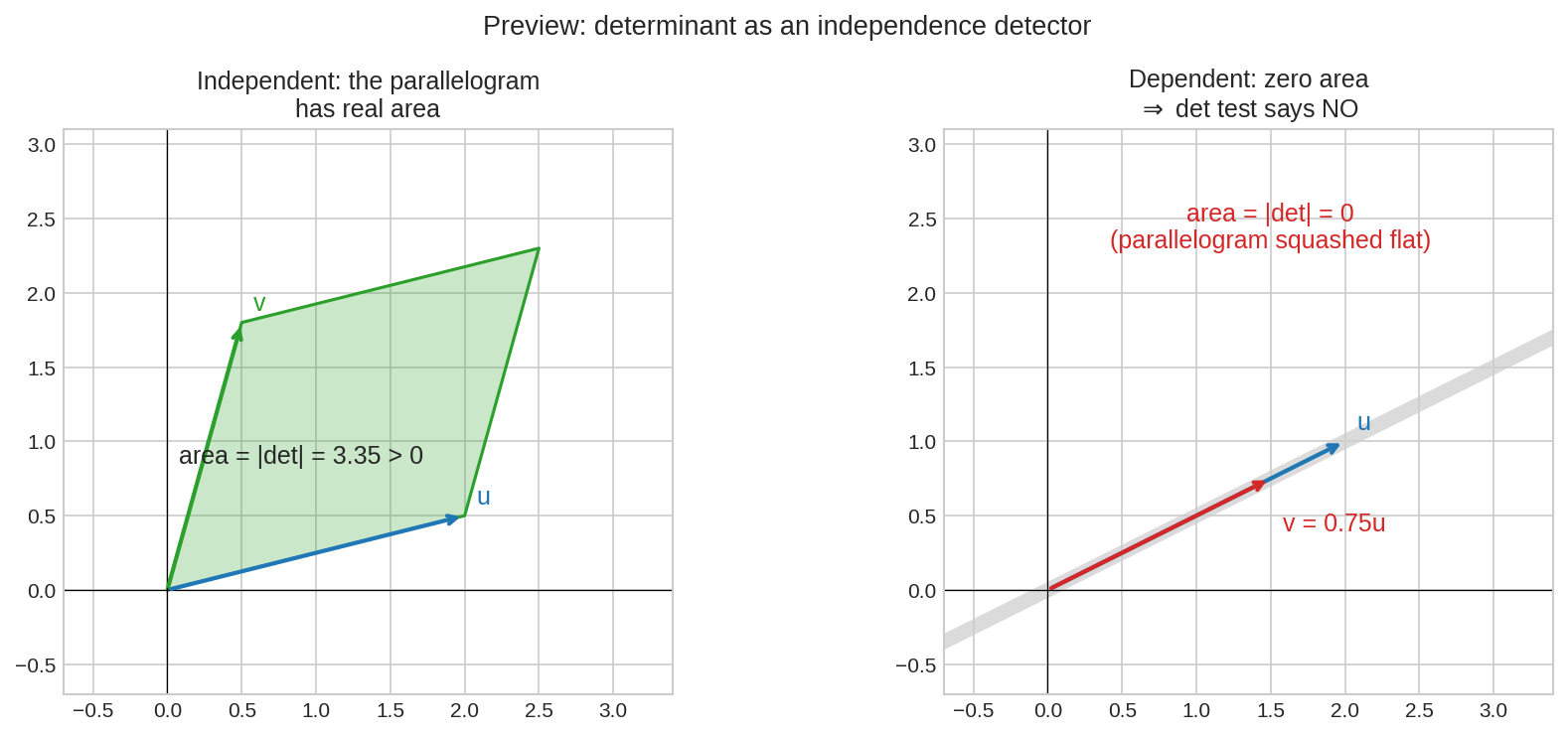 Determinant as area: nonzero vs collapsed